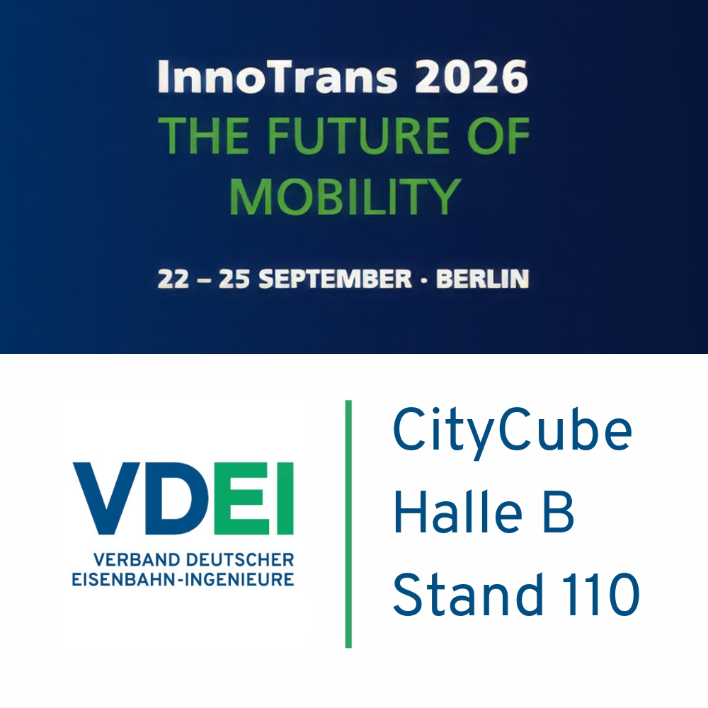 Blau-weißer Hintergrund, darauf das VDEI-Logo sowie der Text: InnoTrans 2026, The Future of Mobility, 22.-25. September, Berlin, CityCube, Halle B, Sand 110