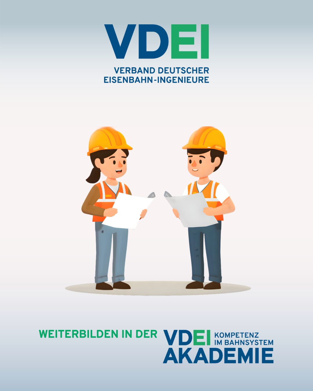 Zwei gezeichnete Figuren mit Baustellen-Helmen auf dem Kopf und Planungsunterlagen in der Hand. Darüber das VDEI-Logo, darunter das Logo der VDEI-Akademie