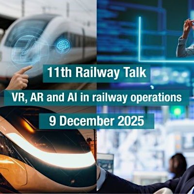 Im Hintergrund vier Bilder mit Eisenbahnen und Datennetzwerken, die das Thema illustrieren; davor der Text: 11th Railway Talk, VR, AR and AI in railway operations, 9 December 2025